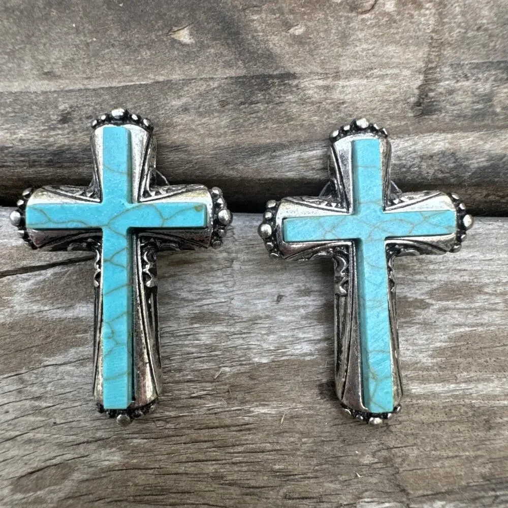 Turquoise Tone Howite or Plastic Cross Earrings Western Boho Silver Tone Post